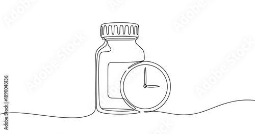Continuous line drawing of medication bottle and clock symbolizing timed dosage. No editable stroke