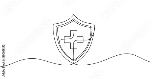 Minimalist shield with medical cross line art for healthcare and protection concept. No editable stroke