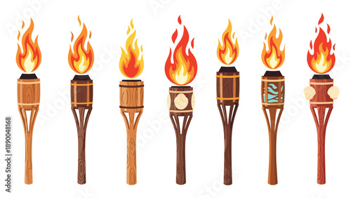Elegant Torches for Ambiance: A set of seven stylish torches with varying wooden designs and bright, dancing flames, perfect for creating a warm and inviting atmospher...