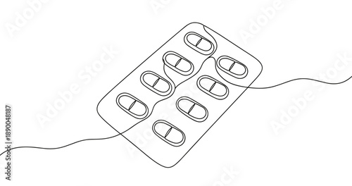 Single-line art of medicine blister pack: minimalist black and white design. No editable stroke
