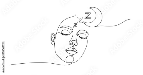Minimalist line art of sleeping female face with moon and zzz symbols. No editable stroke