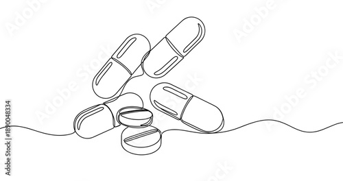 Continuous line art of capsules and tablets on white background. No editable stroke