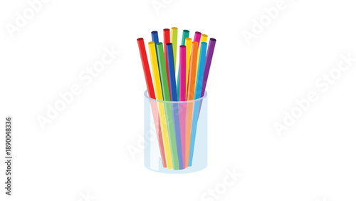 Bright Drinking Straws in Glass: A transparent glass cup filled with a collection of numerous brightly colored drinking straws, showcasing a variety of hues and perfec...