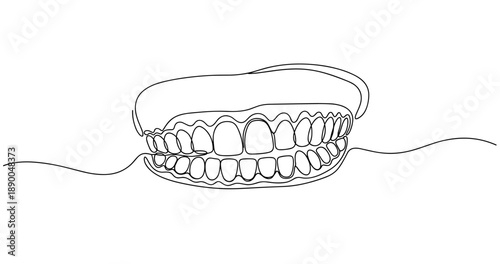 Minimalist continuous line drawing of human jaw and teeth. No editable stroke