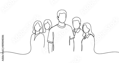 Line art of diverse group of people - mixed gender, various races, adults. No editable stroke