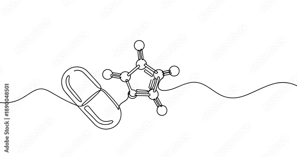 Fototapeta premium Chemical structure of a pill and molecular model illustration. No editable stroke
