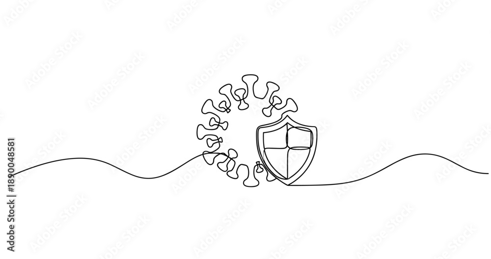 Obraz premium Continuous line drawing of virus and shield symbolizing protection and immunity. No editable stroke