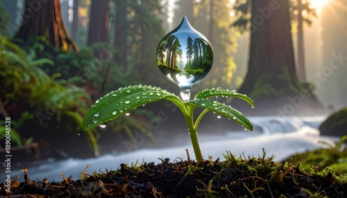 A single drop of water reflects a forest canopy as it rests on a young plant sprout, symbolizing growth and nature's delicate balance.
