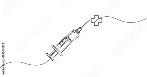 Minimalist syringe and medical cross line art on white background. No editable stroke