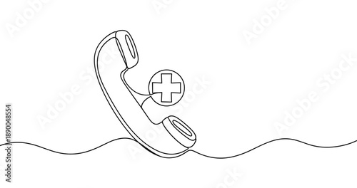 Healthcare emergency contact: outline of telephone with medical cross symbol. No editable stroke