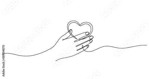 Minimalist continuous line drawing of hand holding heart symbol. No editable stroke