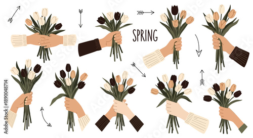 Collection of Hands Holding Beautiful Spring Tulip Bouquets in Various Colors