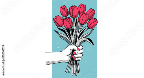 Hand Offering a Vibrant Bouquet of Pink Tulips Against a Speckled Blue Background