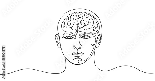 Human brain illustration on face outline in minimalist style. No editable stroke