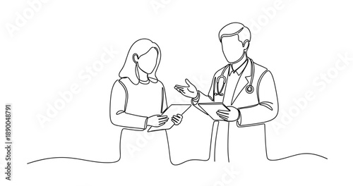 Female patient meeting with male doctor discussing healthcare in minimalist line art. No editable stroke