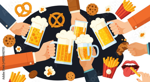 People Celebrating with Beer, Snacks, and Fries, Festive Gathering Enjoyment