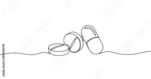Minimalist continuous line drawing of pills and capsules on white background. No editable stroke