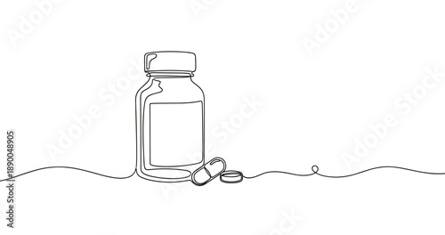 Minimalist line art of medicine bottle and pills on plain background. No editable stroke