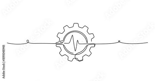 Continuous line art of gear with heartbeat symbol integrating technology and health. No editable stroke