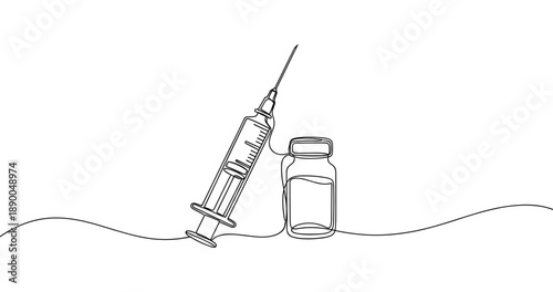 Continuous line art of syringe and vaccine bottle on white background. No editable stroke