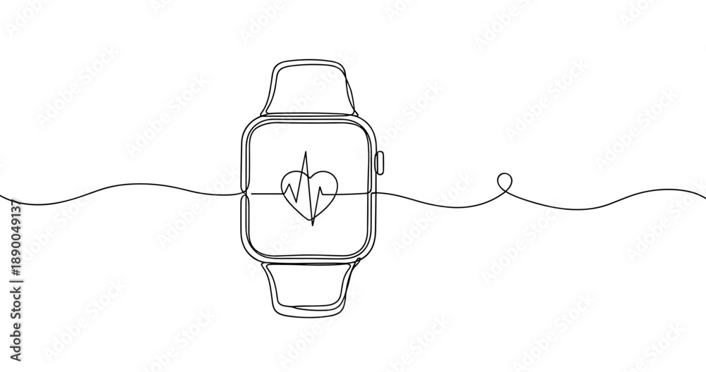 Obraz premium Smartwatch with heartbeat display in continuous line art on white background. No editable stroke