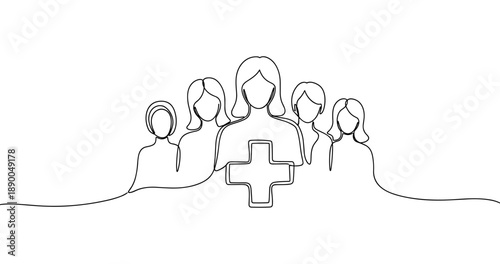 Line art of medical team with cross symbol. No editable stroke
