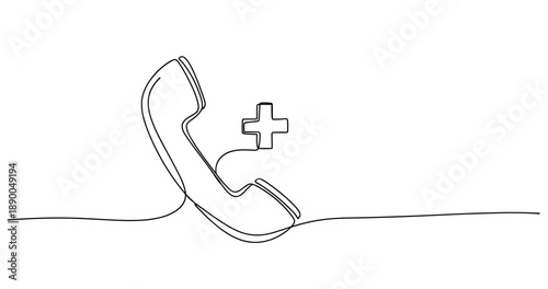 Continuous line drawing of telephone receiver with medical cross symbol. No editable stroke