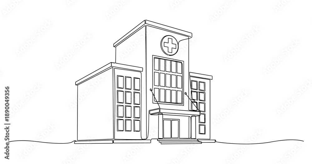Fototapeta premium Line art illustration of a hospital building with cross symbol on roof. No editable stroke