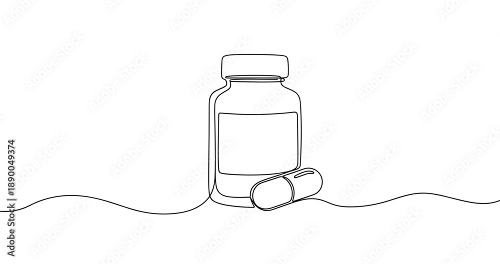Obraz premium Minimalist line drawing of pill bottle and capsule on white background. No editable stroke