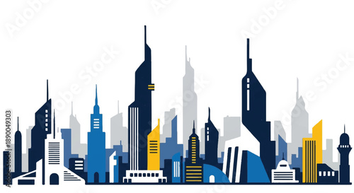 Cityscape illustration featuring skyscrapers and buildings from a panoramic viewpoint