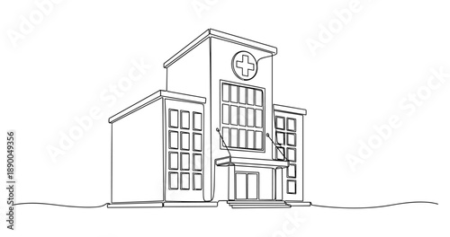 Line art illustration of a hospital building with cross symbol on roof. No editable stroke
