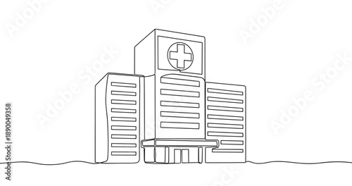 Minimalist line art of a modern hospital building with medical symbol. No editable stroke