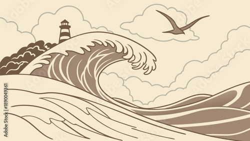Brown wave crashes against rocky shoreline with lighthouse and seagull flying overhead in cloudy beige background