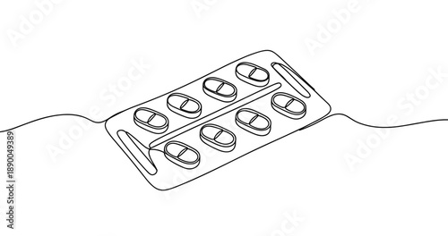 Minimalist line drawing of a blister pack of pills for medical and pharmaceutical themes. No editable stroke