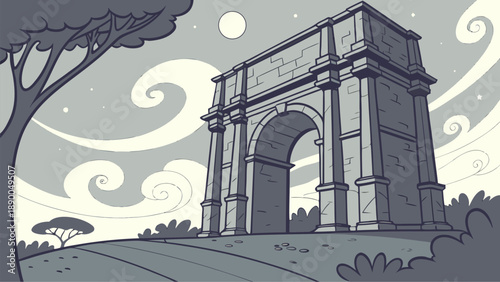 Ancient stone arch floating in the sky at dusk with moonlight and swirling clouds