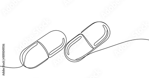 Continuous line drawing of two capsules on white background. No editable stroke