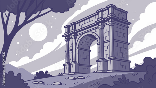 Ancient stone arch floating in the sky at night with moonlight clouds and stars