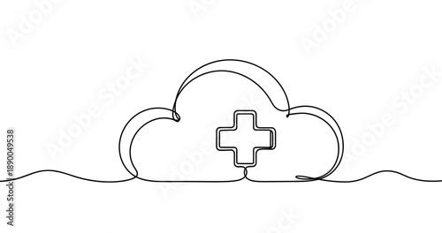 Cloud technology in healthcare: continuous line art depicting digital health solutions. No editable stroke