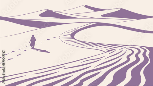 A lone traveler walks through a vast desert landscape with smooth white sand and purple shadows under a soft light