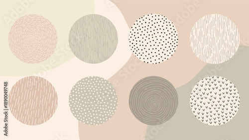 Collection of abstract patterned circles with various textures like dots lines and swirls in neutral earthy tones.