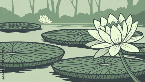 Serene jade lily pads float on tranquil water with blooming white lotus flowers in a misty forest pond
