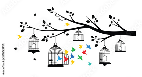 Birds flying out of cages hung from a tree branch with colorful silhouettes