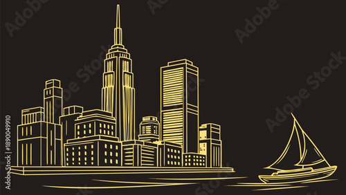 Golden city skyline with sailboat on water at night urban landscape with skyscrapers and modern buildings in minimalist style