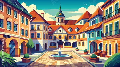 Very beautiful Courtyard of Europe in Komárno, Slovakia, showcasing colorful facades, unique architectural styles, and a lively yet harmonious urban square atmosphere.