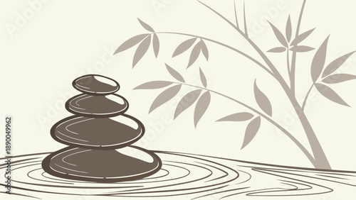 Stacked zen stones on rippling water with bamboo plant evoking serenity and balance in nature