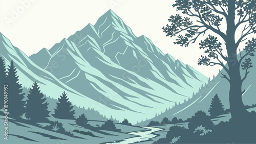 Serene mountain landscape with river trees and misty peaks in shades of blue and green evoking a sense of calmness and tranquility in nature