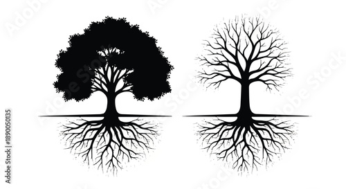 Illustration of trees with visible roots, one with leaves and the other bare, showcasing contrast in a simple graphic representation from a front viewpoint
