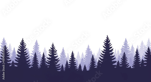A serene forest landscape with trees silhouetted against a white background from a distant viewpoint