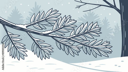 Snowy tree branch with frosty leaves in winter landscape