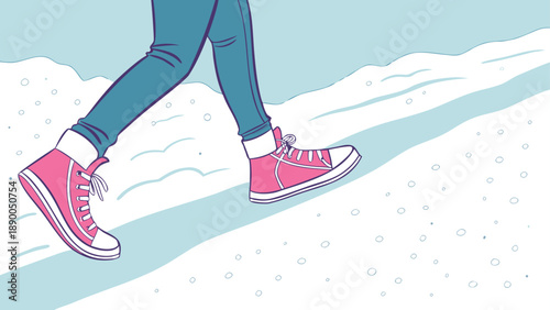 Woman's legs wearing pink sneakers walking on snowy path in winter